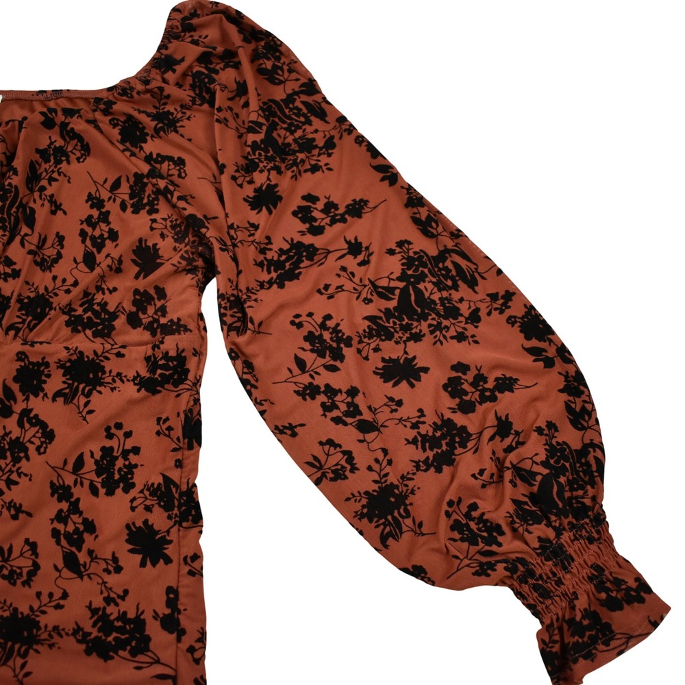 Boho Mesh Floral Blouse Top Orange Ruched Square Neck Balloon Sleeve Fall Colors - Picture 5 of 9
